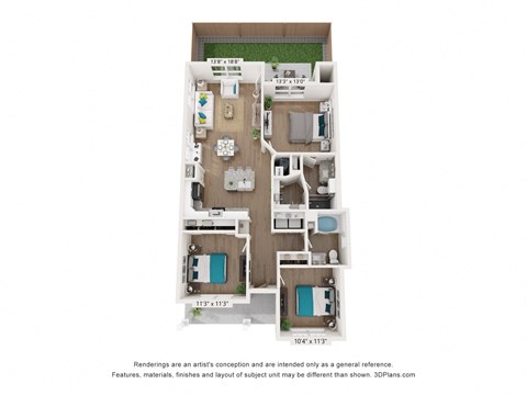 Floor plan for 3 beds, 2 baths, 1225 sqft